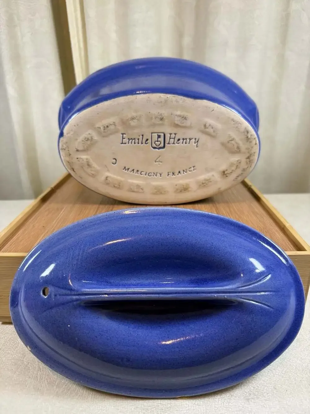 Vintage Emile Henry Marcigny France Blue Oval Covered Casserole Terrine Dish